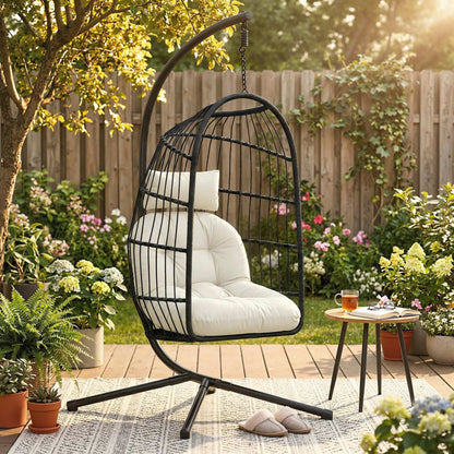 Hanging Egg Chair, Indoor Outdoor Hammock Swing Chair with Stand, Safety Strap, Foldable Basket, Black/Cream White