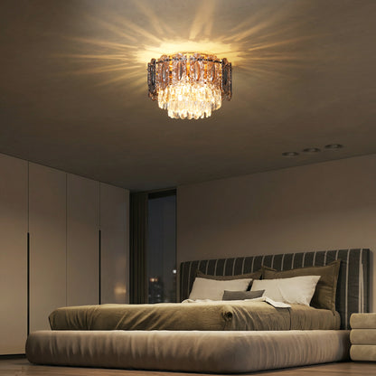 Chandelier Ceiling Light, 3-Light Flush Mount Fixture with Dual Crystal and Smoke Glass Shade