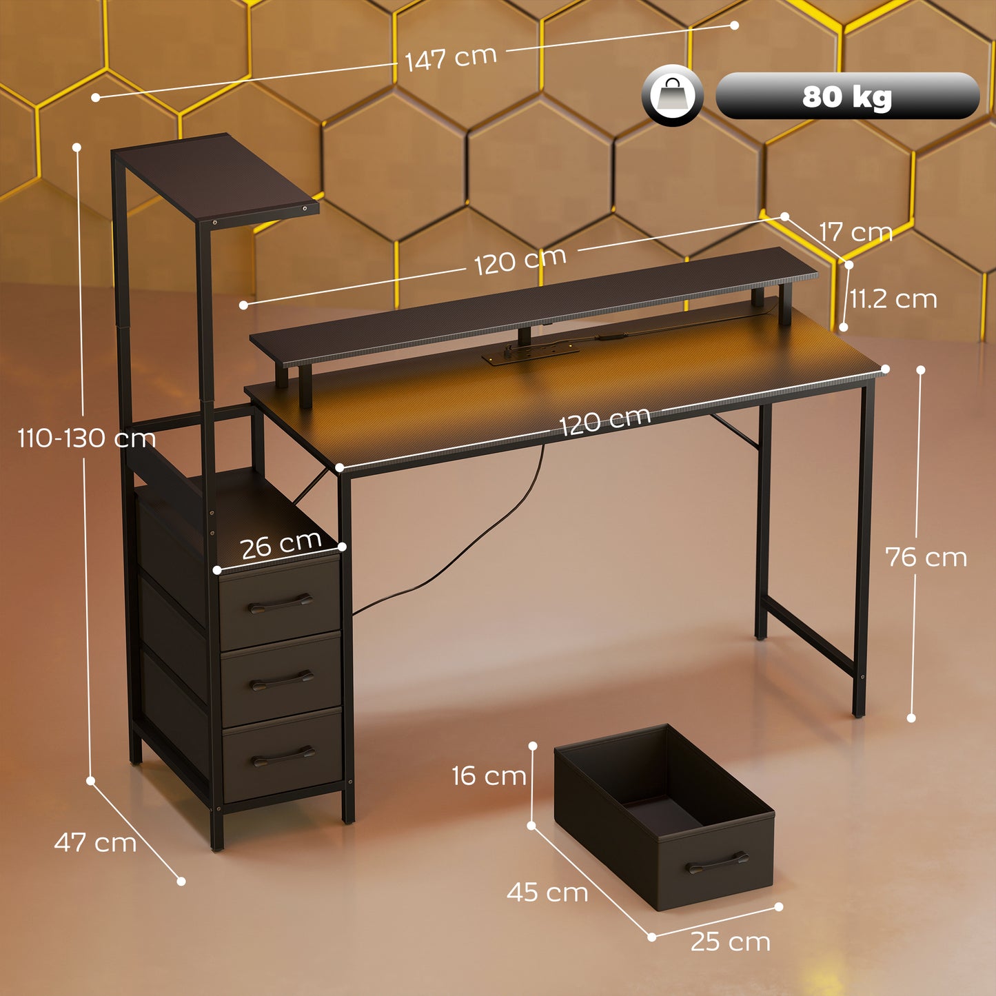 147cm Gaming Desk with Charging Station and Monitor Stand, Computer Table for Home Office with RGB Lights, Black