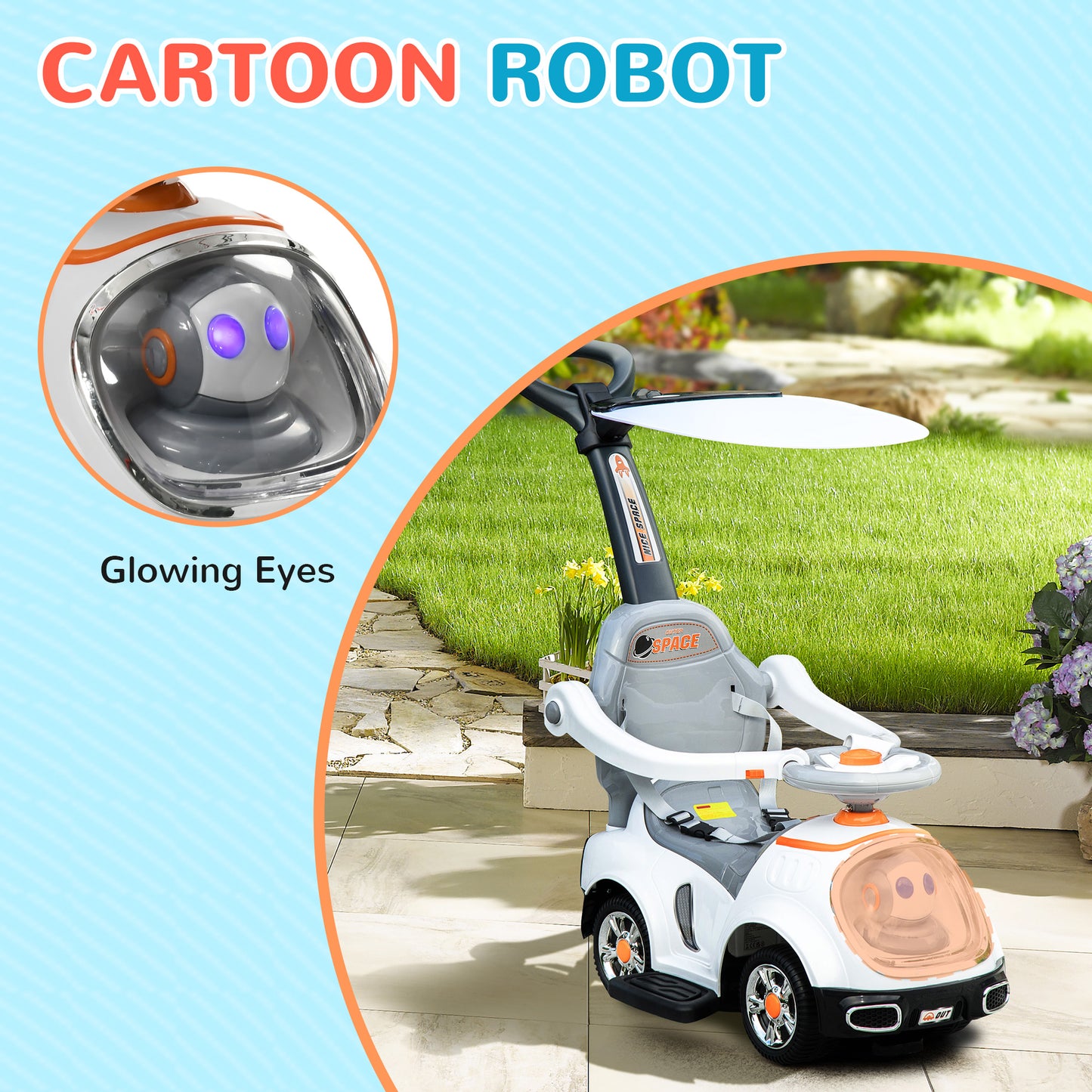 3 in 1 Ride on Push Car, Cartoon Robot Theme Foot to Floor Slider w/ Handle Light Music Horn, Storage - White