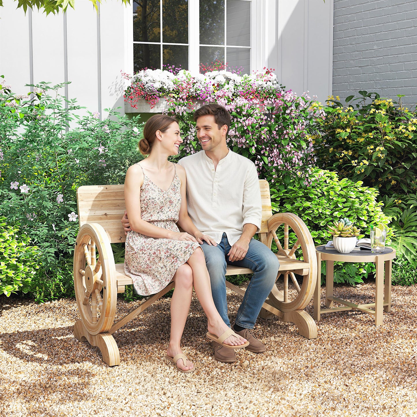Fir Wood 2-Seater Outdoor Garden Wagon Wheel Bench, Natural Wood Finish