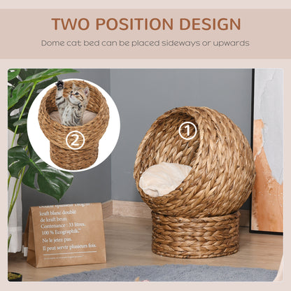 Woven Banana Leaf Elevated Cat Bed Wicker Kitten Basket Pet Den, House Cosy Cave with Soft Cushion Dome 50x42x60cm Brown