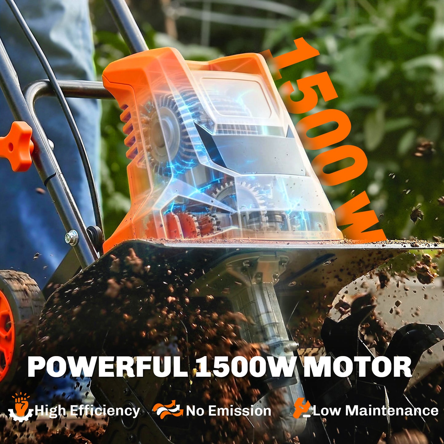 1500W Electric Garden Tiller w/Foldable Handle, 40cm Working Width, 20cm Tilling Depth, 6 Blades, 2 Adjustable Wheels