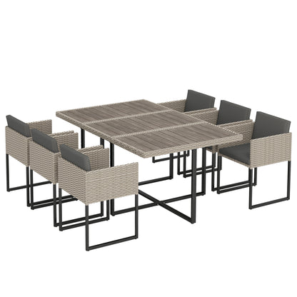 7 Piece Rattan Garden Furniture Set, Garden Dining Set with Wood-Plastic Table and 6 Stackable Chairs, Light Grey