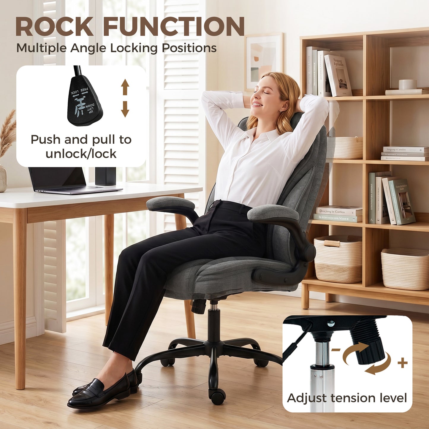 Office Chair, Ergonomic Desk Chair with Flip-up Armrest, Pocket Springs, Swivel Wheels, Adjustable Height, Grey