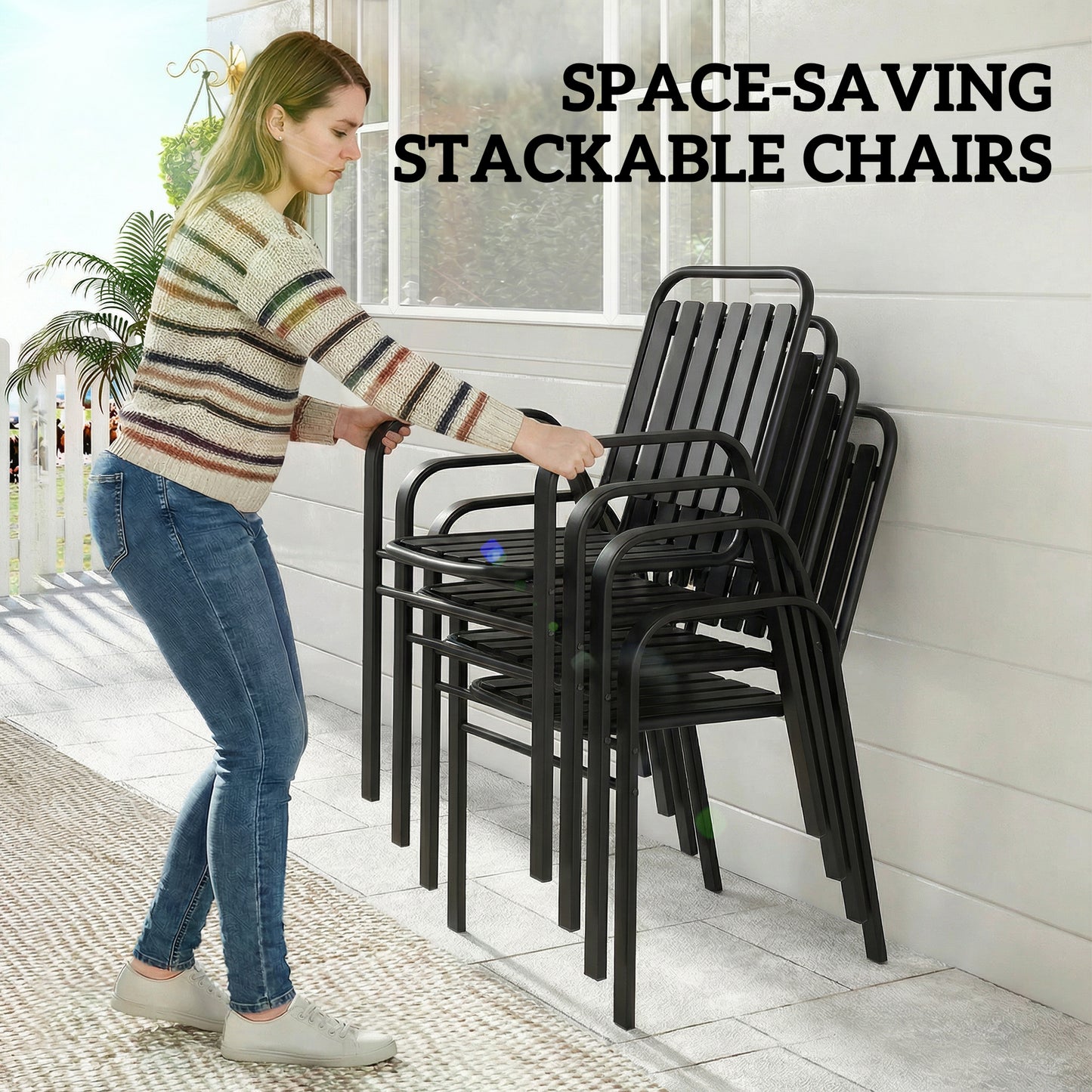 7 Pieces Outdoor Dining Set with Umbrella Hole, Garden Table and Chairs Set for 6 with Metal Table and Stackable Chairs