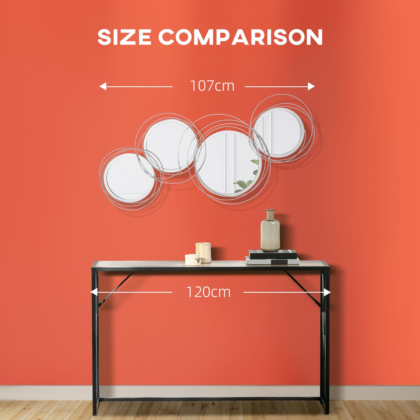Metal Wall Art 107cm Modern Decorative Mirror Decor for Living Room Bedroom Dining Room, Silver