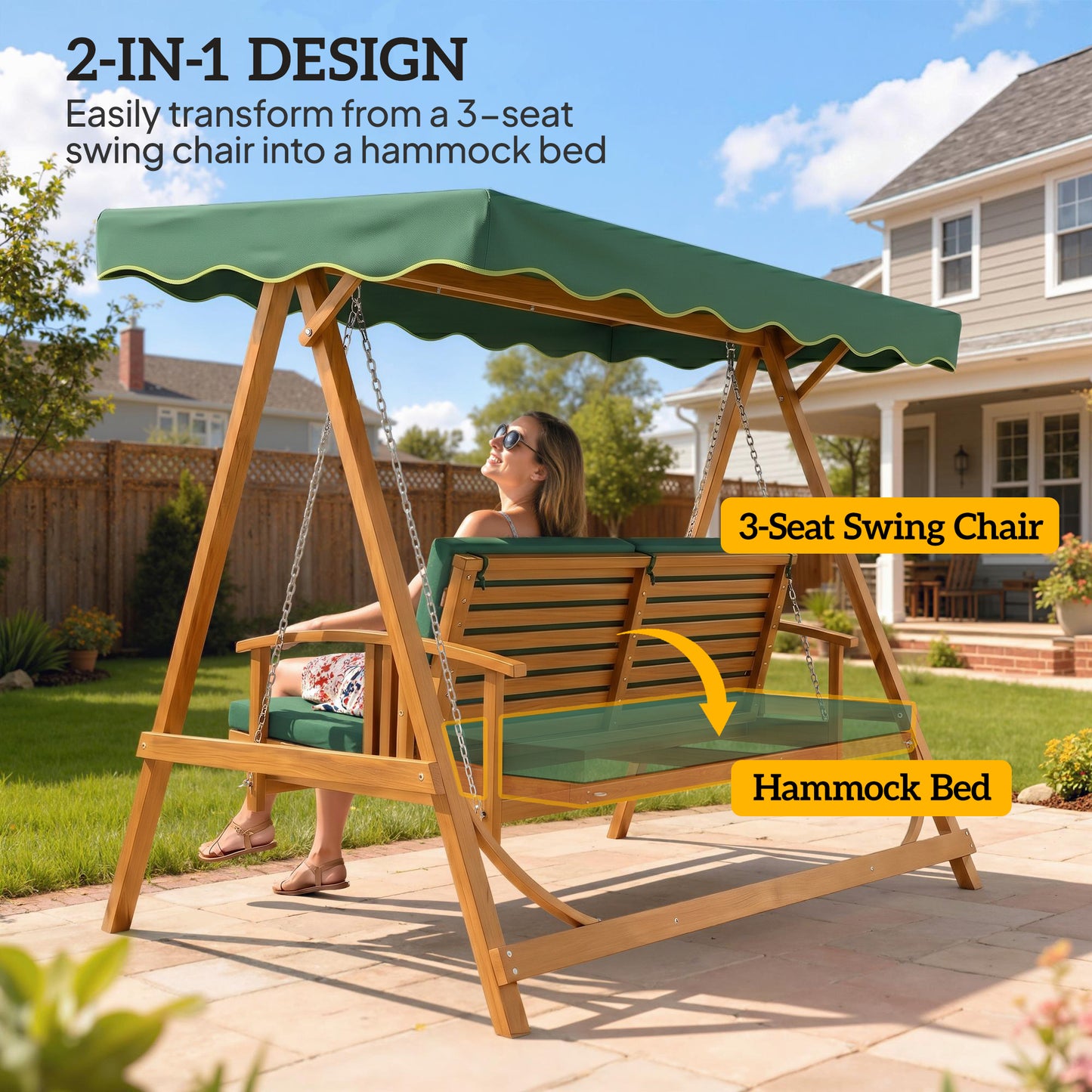 3 Seater 2-in-1 Wooden Garden Swing Seat Swing Chair, Outdoor Convertible Hammock Bench w/cushion, Furniture Lounger Bed