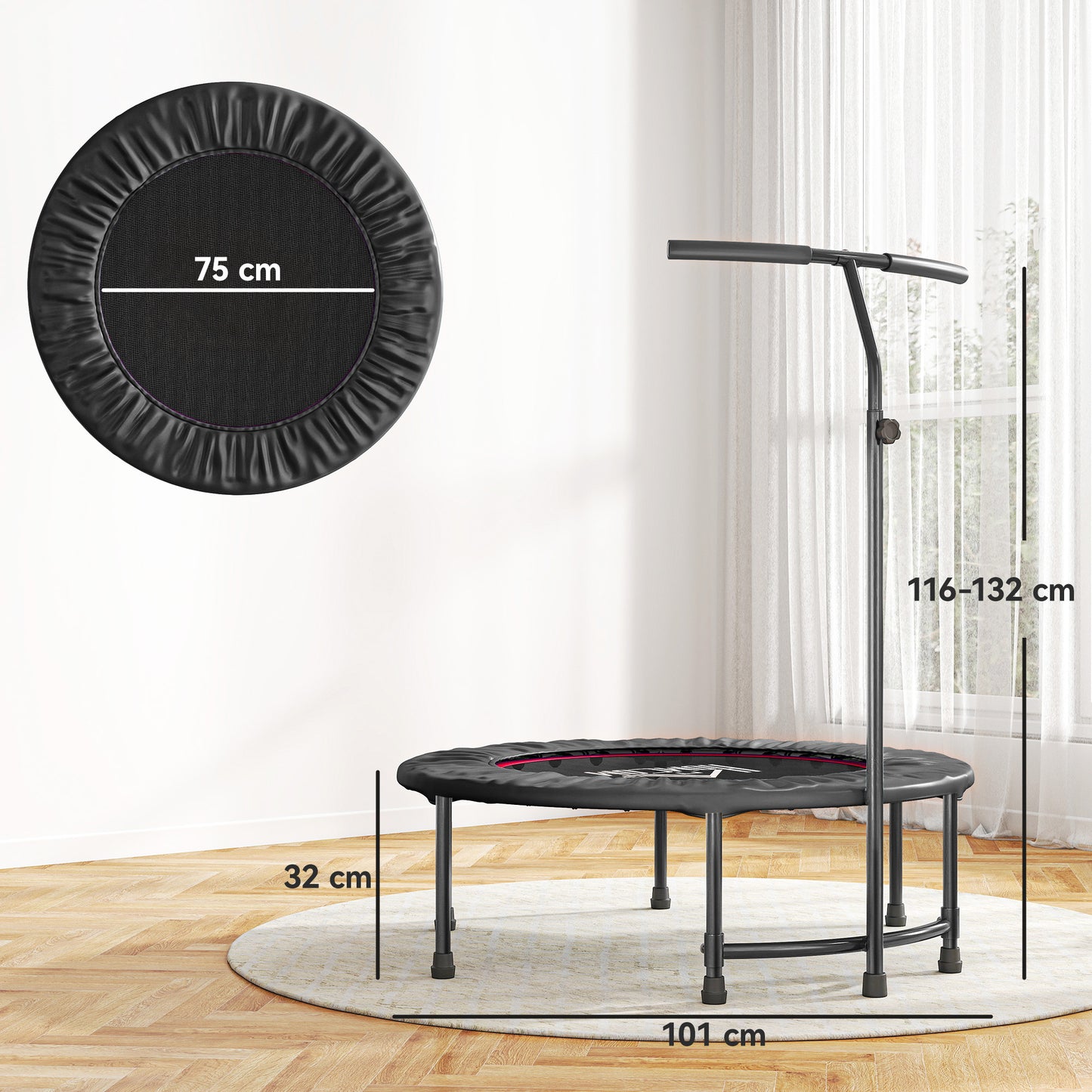 40" Fitness Trampoline with Adjustable Handle, Rebounder Trampoline, Mini Jumper for Indoor Exercise Workout, Black
