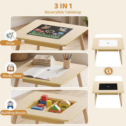 3-Piece Kids Table and Chairs Set with Convertible Desk and Storage Grid, Kids Activity Table for Nursery, Playroom
