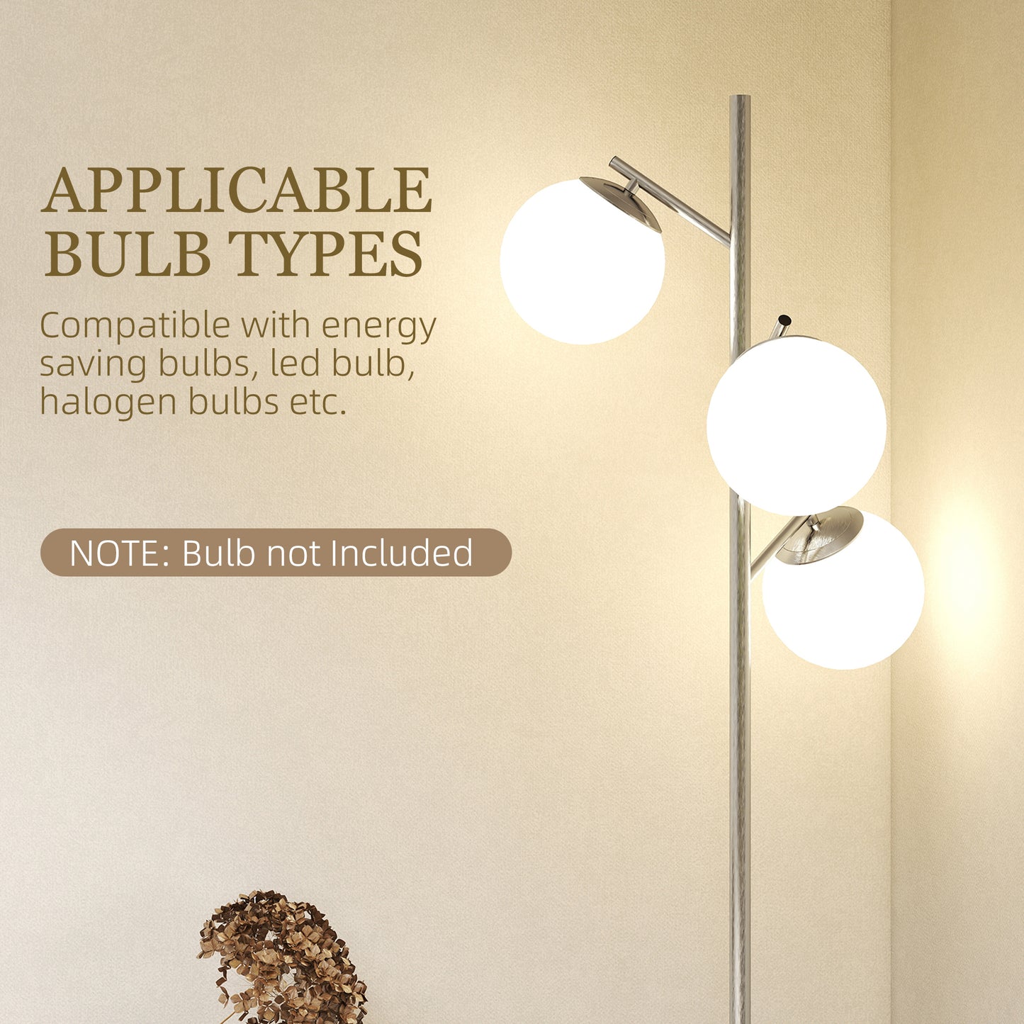 3-Light Tree Floor Lamps for Living Room, Modern Standing Lamp for Bedroom with Globe Lampshade