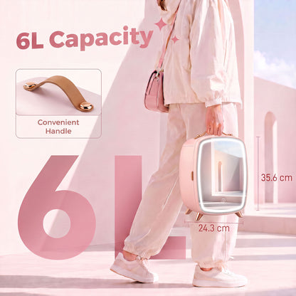 Skincare Refrigerator, 6L Mini Cosmetic Fridge with LED Mirror, Cooling Function for Bedroom, Skincare, Office, Pink