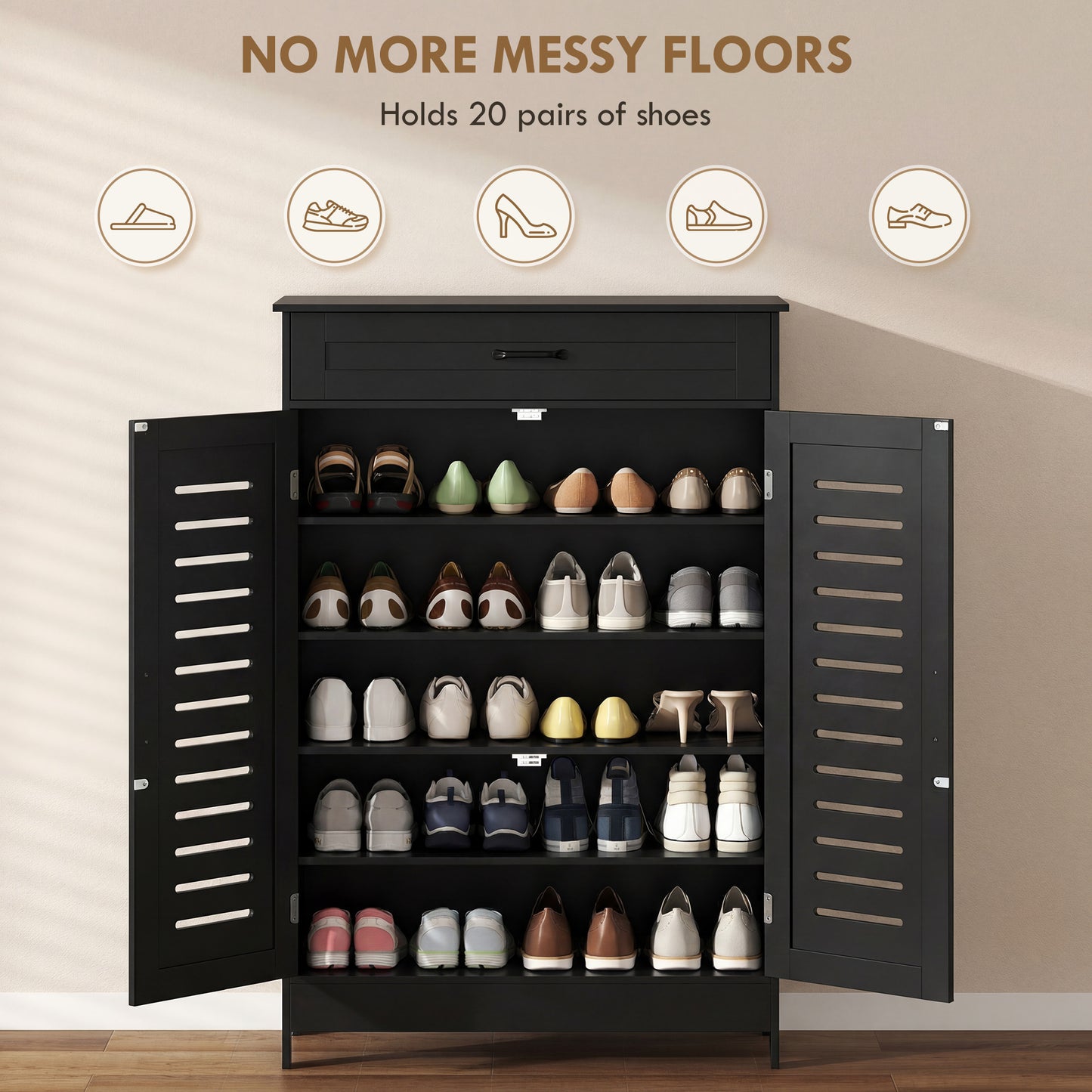 Shoe Cabinet with Louvered Doors, Modern Shoe Storage Cabinet with Drawer and Adjustable Shelves, Black