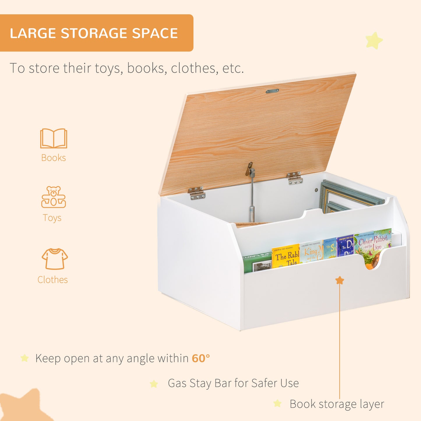Wooden Kids Toy Box Children Storage Chest Organiser Book Slot Safety Hinge Playroom Furniture White