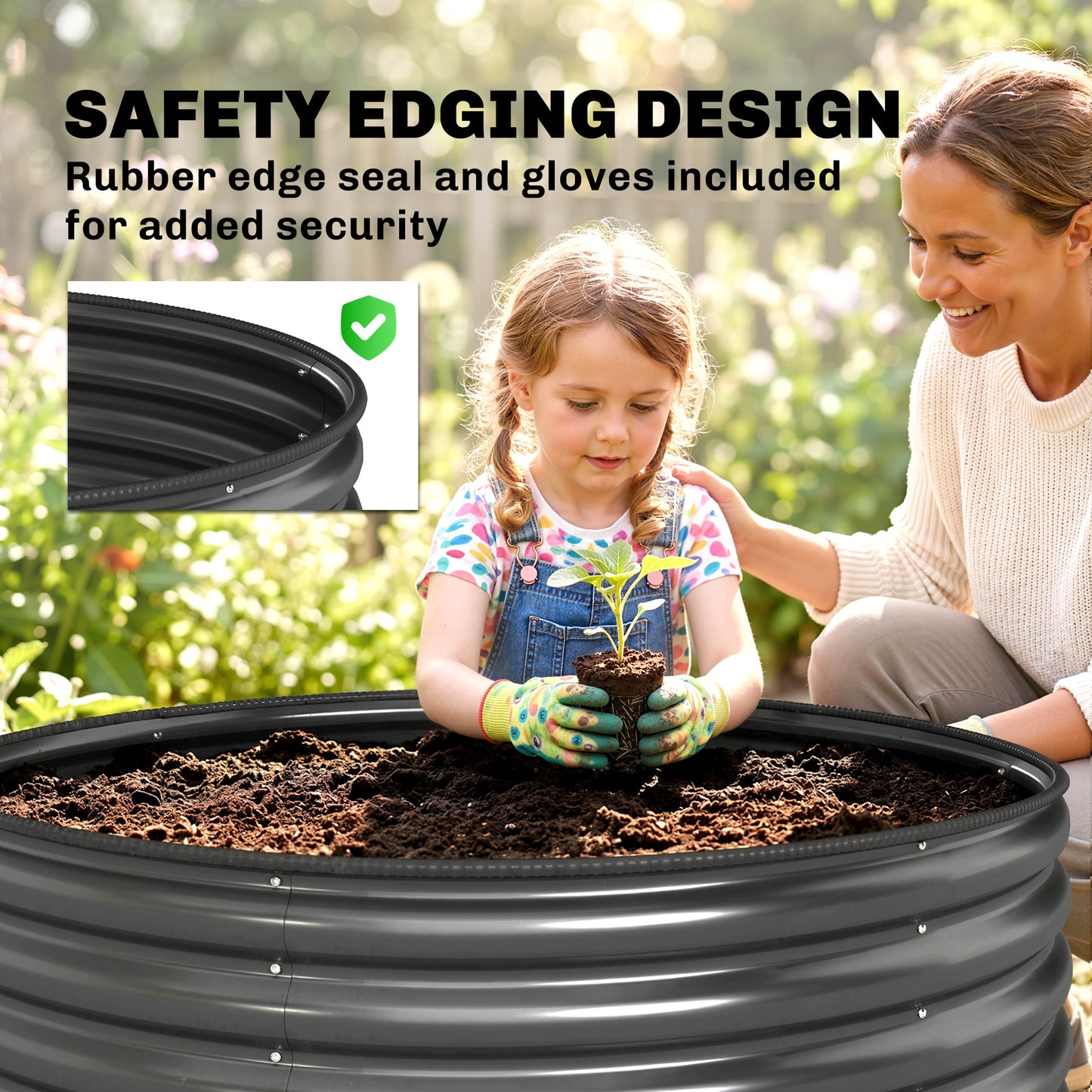Galvanised Raised Garden Bed with Safety Edging, Outdoor Raised Planter Box with Gloves, 120 x 120 x 43cm, Dark Grey