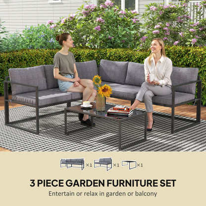 Three-Piece L Shaped Garden Furniture Set with Cushions - Grey