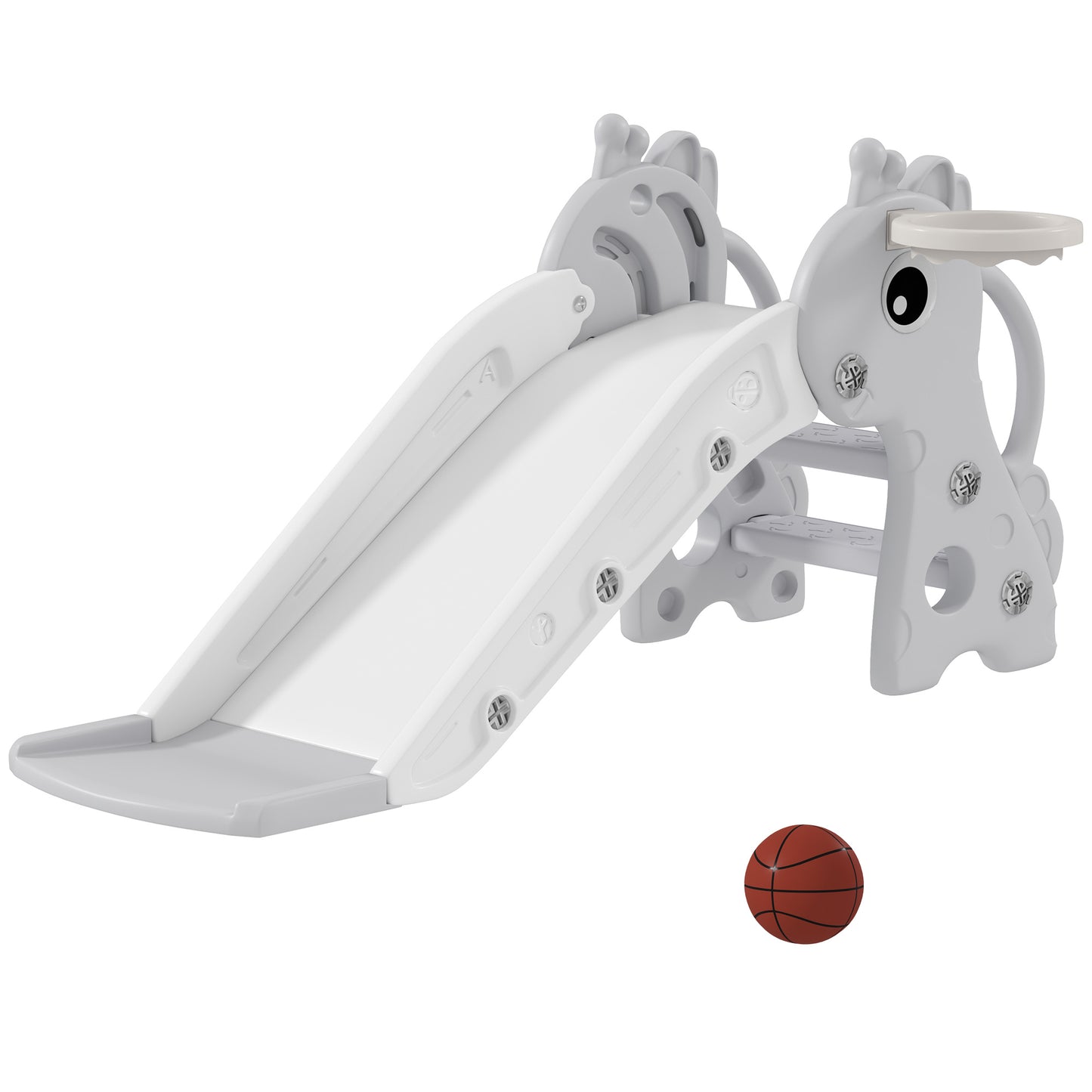 3 in 1 Kids Slide with Climber, Basketball Hoop and Ball, Giraffe Shape Climber Slide for Indoor Kids Age 1-3, Grey