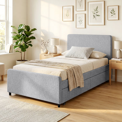 3ft Single Bed Frame with Trundle, Upholstered Pull Out Trundle Bed with Headboard and Footboard, Light Grey
