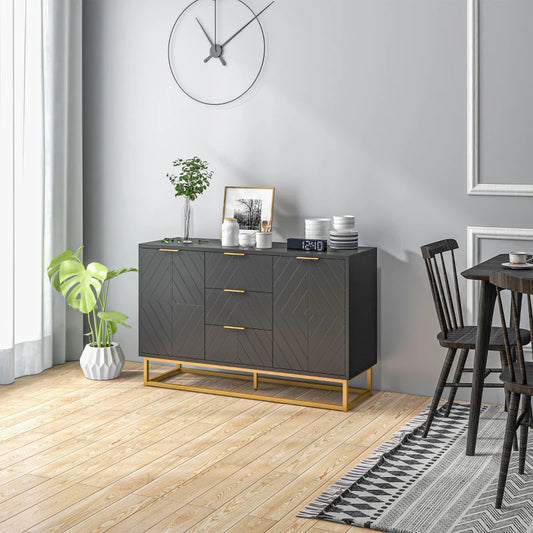 Modern Sideboard with 3-Drawers and Adjustable Shelves - Black