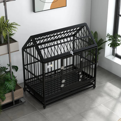 48" Heavy Duty Black Steel Dog Crate on Wheels with Pull Out Removable Tray and Openable Roof