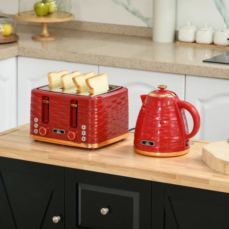 Kettle (1.7L) and Toaster Set with 7 Browning Controls and Crumb Tray (4 Slice) - Red / Gold