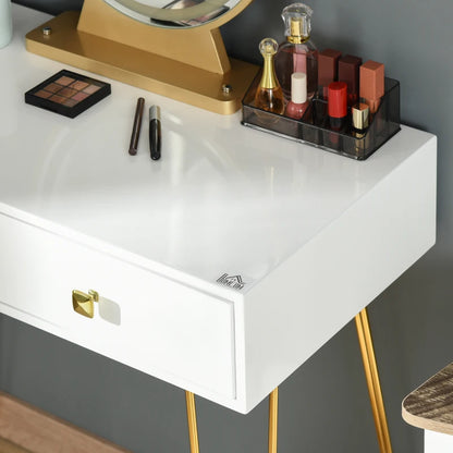 Dressing Table with Built in LED Circular Mirror, 2-Drawer Storage and Cushioned Stool