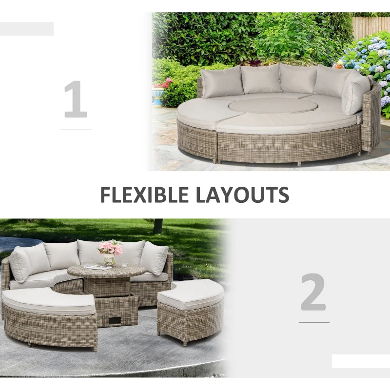 5-Piece - Rattan Round Garden Daybed with Cushions and Lift-table for Dining