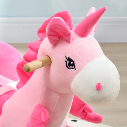 Pink Unicorn Style Ride on Rocking Horse with Safety Belt and Wooden Base