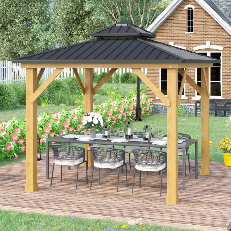 2-Tier Hardtop Roof - Solid Wood Gazebo Patio Shelter for Garden