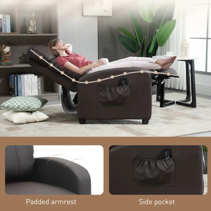 Reclining Massage Function Faux Leather Armchair with Adjustable Leg Rest & Side Pocket - Brown