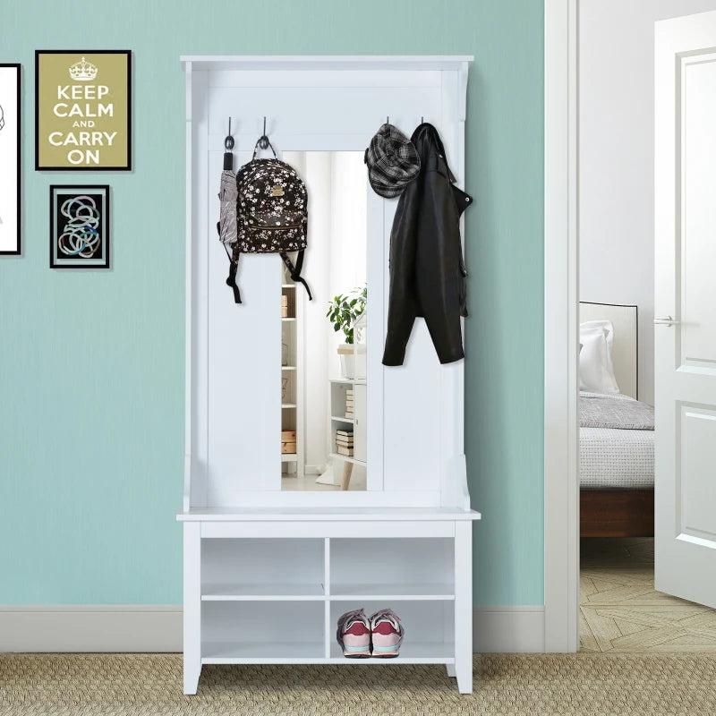 Coat Rack with 4 Hooks, Full Length Body Mirror and 4 Section Shoe Shelving / Bench