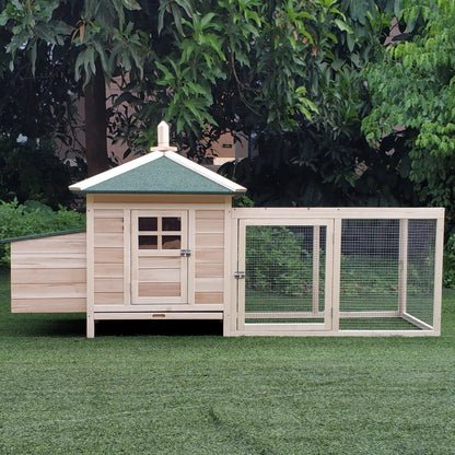 Large Chicken Coop with Outdoor Yard Run and Nesting Boxes - Natural Wood / Green