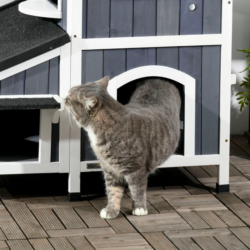 Cat Barn House with Multiple Entrances, Water Resistant Roof and Side Flower Pot