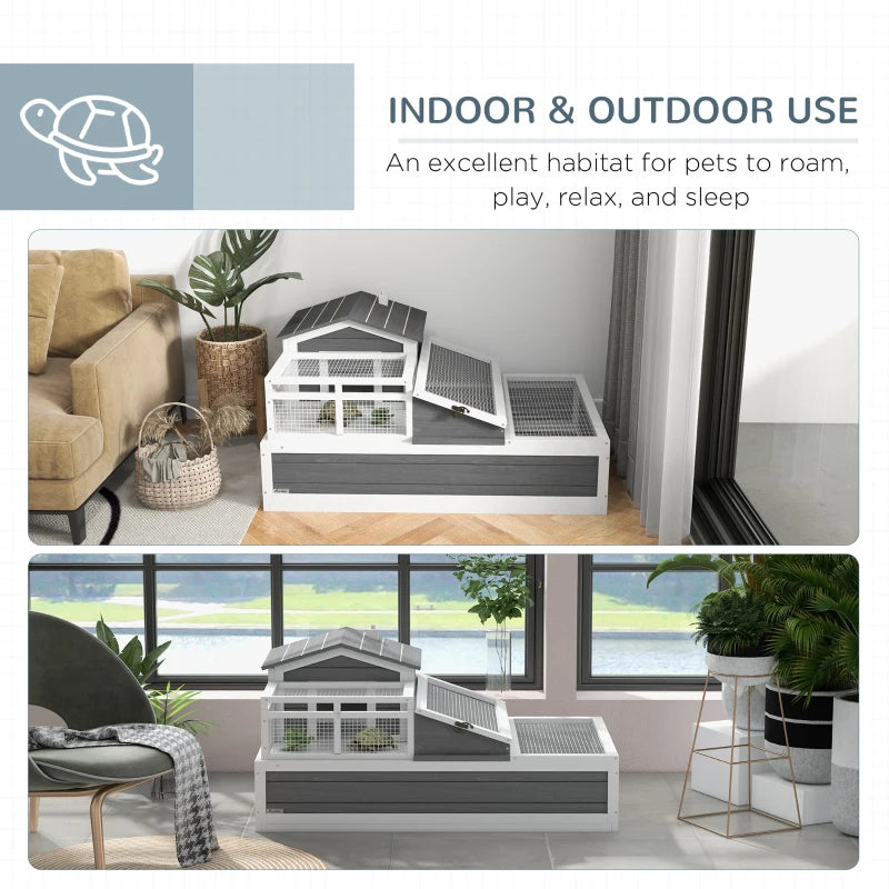 Wooden Tortoise House Style with Balcony, Tray and Roofing - Dark Grey / White