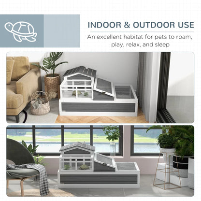 Wooden Tortoise House Style with Balcony, Tray and Roofing - Dark Grey / White