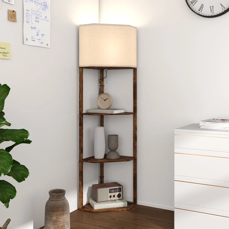 Farmhouse style - Corner Floor Light with 3-Tier Shelving and wood effect