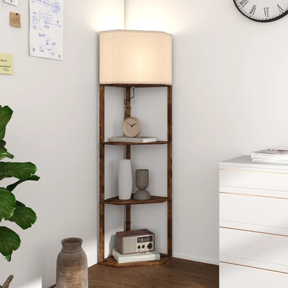 Farmhouse style - Corner Floor Light with 3-Tier Shelving and wood effect