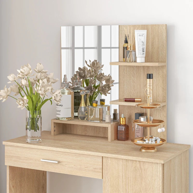 Vanity Mirror Dressing Table with Open Style Shelving and 2-Storage Sections - Maple Wood Effect