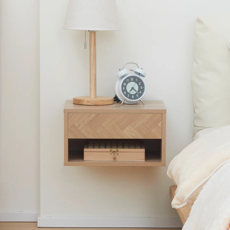 Set of 2 Bed Side Table - Wall Mounted with Drawer & Underneath Shelf - Wood Effect