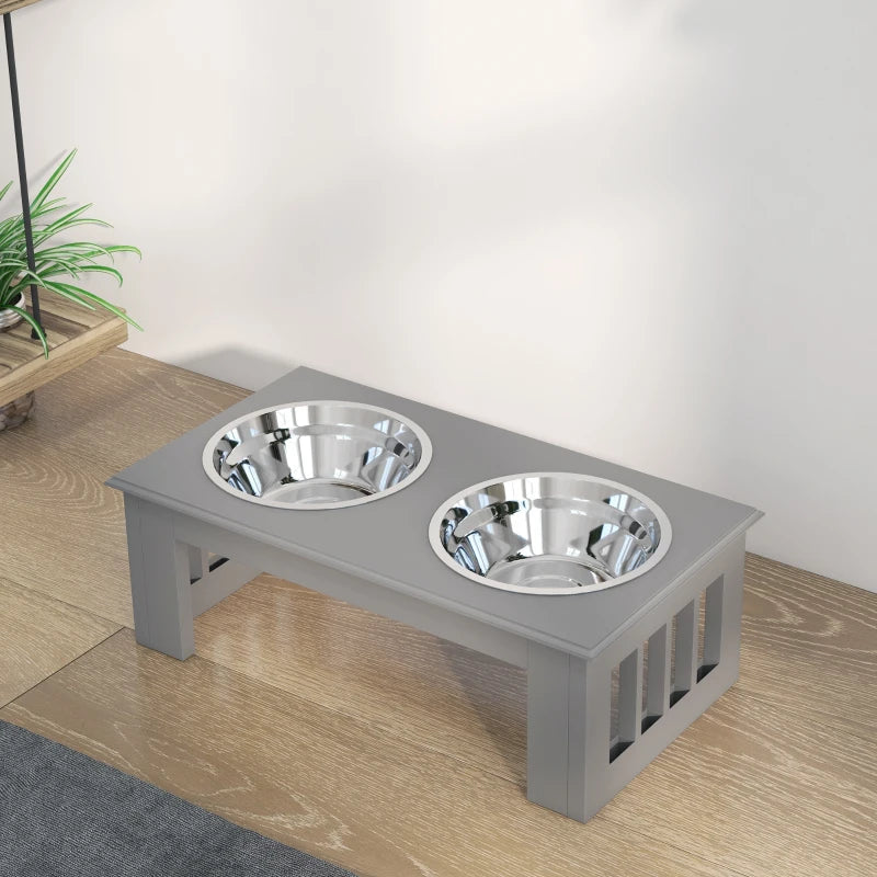 Raised Wooden Feeder with 2 Stainless Steel Bowls for Extra Small and Small Dogs - Grey