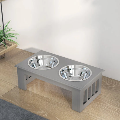 Raised Wooden Feeder with 2 Stainless Steel Bowls for Extra Small and Small Dogs - Grey