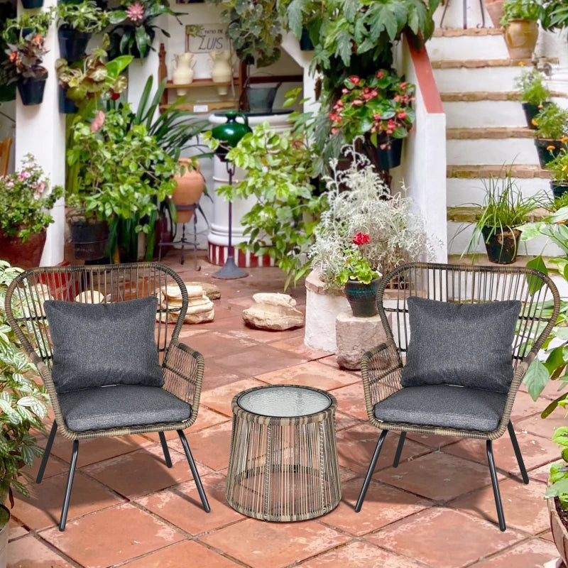 2 Seater Rattan Bistro Set with High Arched Back Seats and Table - Brown / Grey