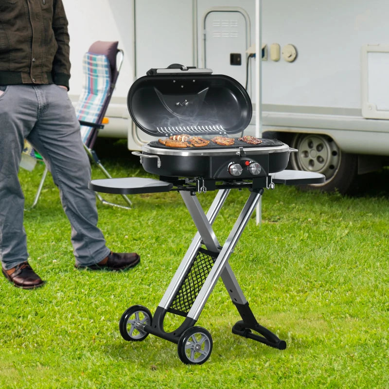 Foldable Gas BBQ Trolley with Side Shelves, Lid, Storage Pocket and Thermometer