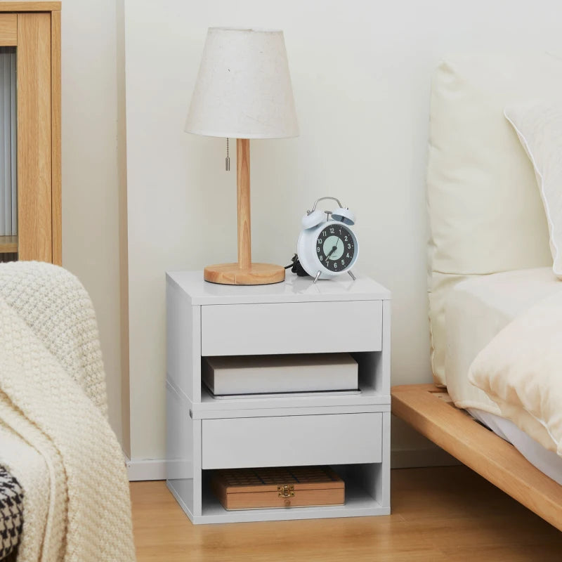 Set of 2 Bed Side Table - Wall Mounted with Drawer & Underneath Shelf - High Gloss White