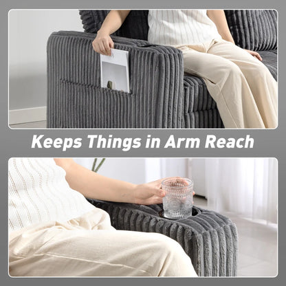 2 Seater Corduroy Sofa bed with Pull-out Design, Cupholders and Side Storage Sleeves - Charcoal Grey