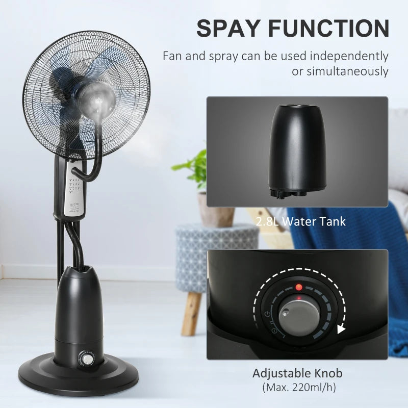 18" Pedestal Fan with Water Mist Spray, 3 Speeds, 2.8L Water Tank, Timer and Remote