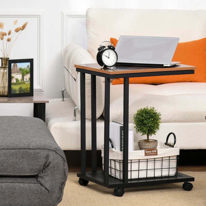 C-Shaped Side Table / Nightstand with Wheels, Storage Shelf and Laptop Stand