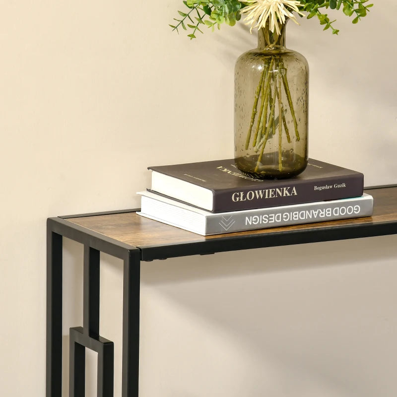 Industrial Style Slim Side Console Table with Metal Frame - Black / Brown Wood Effect