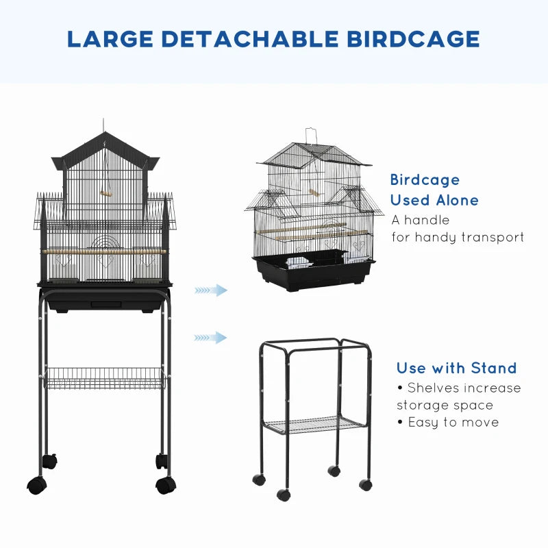 Metal Bird Cage - House Style Design with Swing, Perches, Feeding Cups, Tray - (Stand Included)