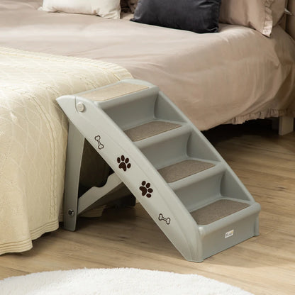 4-Step Foldable Pet Stairs with Plastic Surrounding and Anti Slip Carpeting - Grey